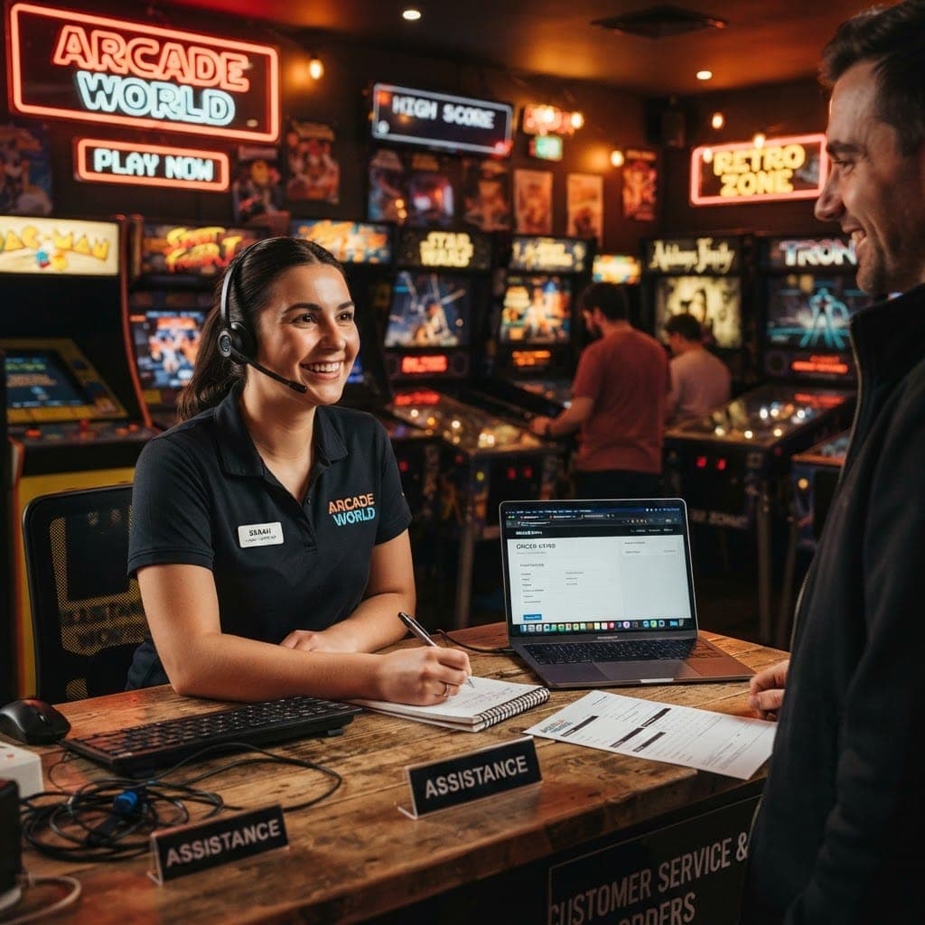 A friendly Pinball Outlet operator wearing a headset, taking an order at a desk in front of glowing arcade machines