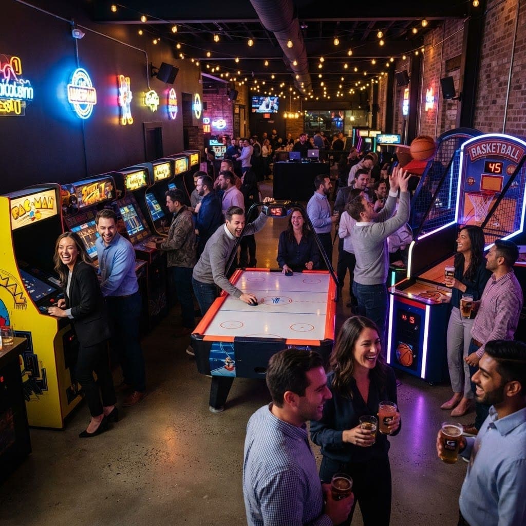 Guests playing real arcade machines at a lively event