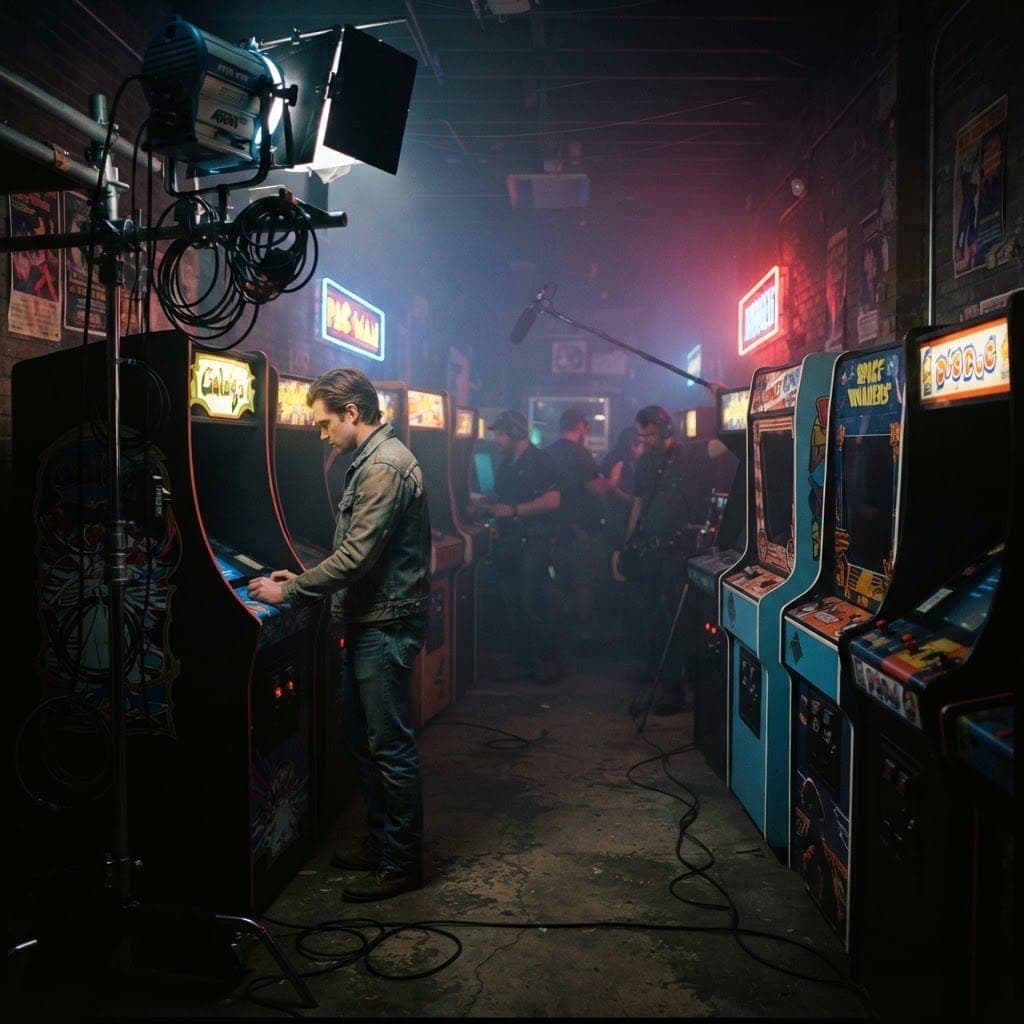 Vintage arcade cabinets glowing on a film set
