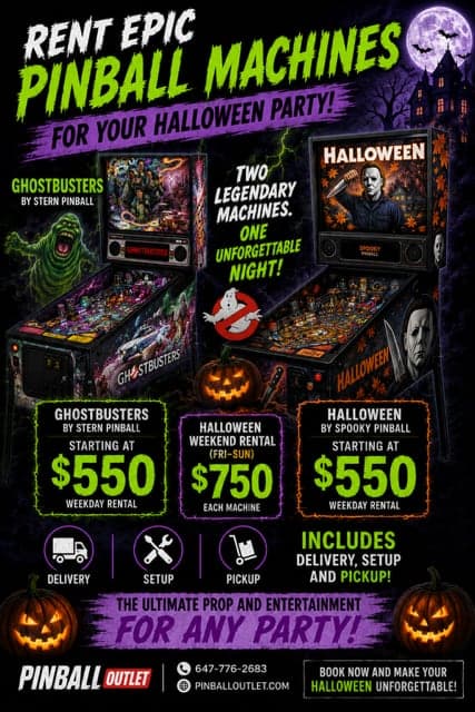 Rent a pinball machine for your Halloween party — weekday rental from $550, Halloween weekend (Fri-Sun) from $750, includes delivery, setup and pickup.