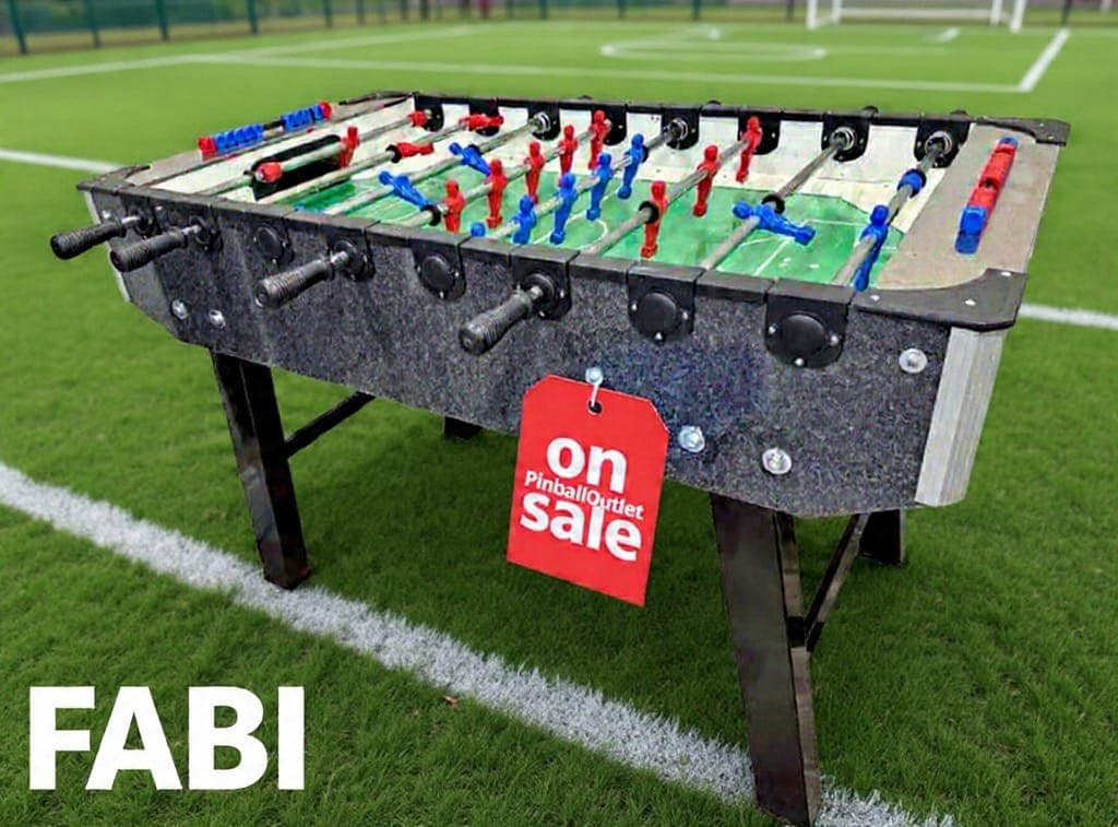 FABI foosball table, home model, on a soccer pitch with red and blue players